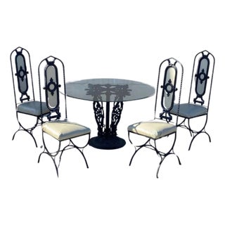 Vintage Hollywood Regency Curule Chair Wrought Iron Round Dining Set - 5 Pc Set For Sale