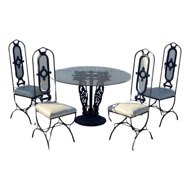 Vintage Hollywood Regency Curule Chair Wrought Iron Round Dining Set - 5 Pc Set For Sale