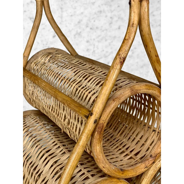 Brown Vintage Boho Coastal Rattan Wicker Sculptural Wine Bottle Rack Holder For Sale - Image 8 of 13