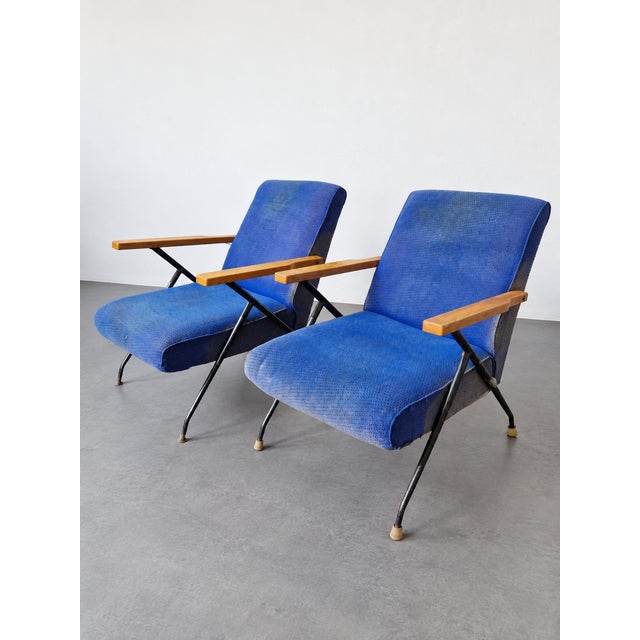 Metal Mid-Century Modern Blue Fabric Armchairs. 1950s, Set of 2 For Sale - Image 7 of 7
