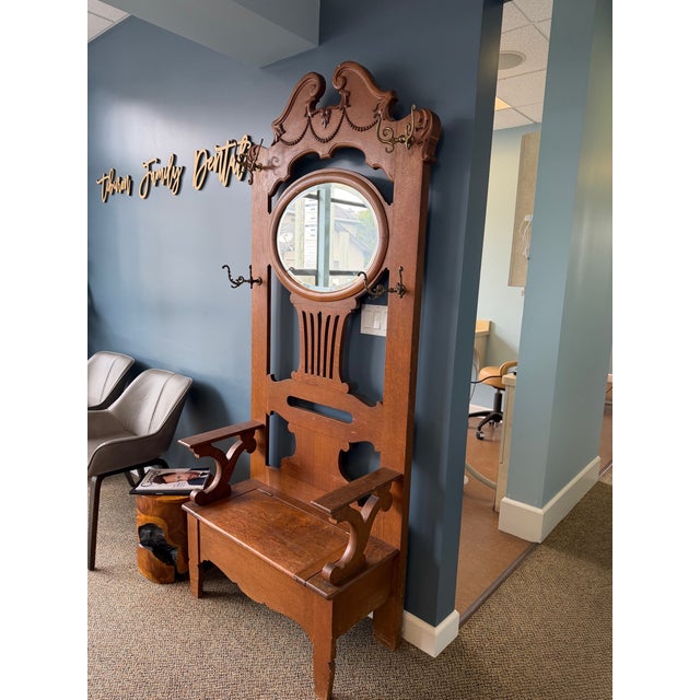 English Wood Carved Hall Tree Antique Bench Seat Hang Coats Mirror Seat For Sale - Image 3 of 9