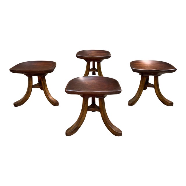 1950s Vintage Sculpted Mahogany Tripod Stools After Adolf Loos - Set of 4 For Sale