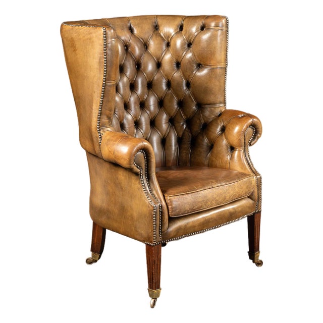 C. 1950 Leather High-Wingback Rolling Armchair in Brown For Sale