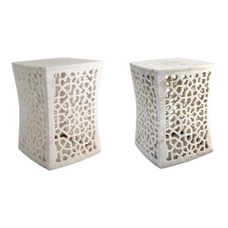 Set of Two Jour Geometric Jali Side Tables in White Marble by Paul Mathieu For Sale