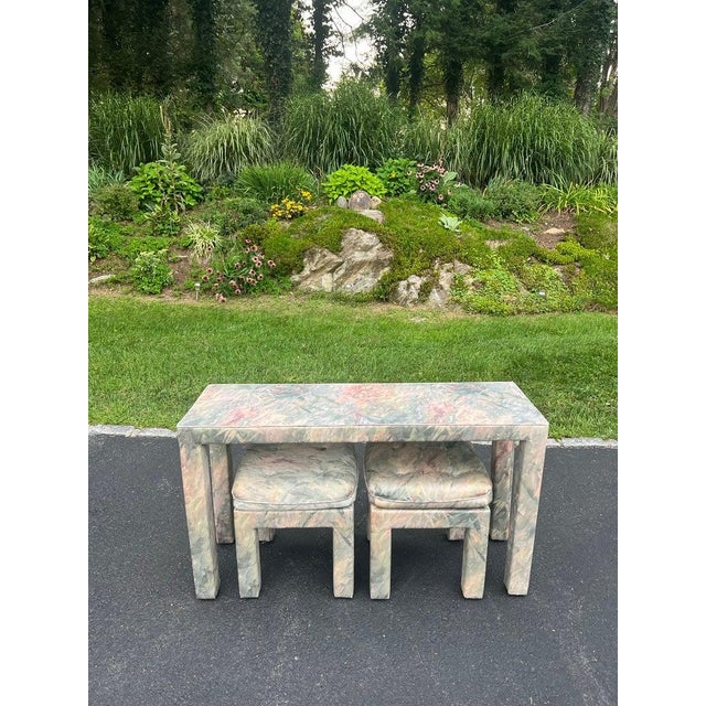 1990's Parsons Console Table with Matching Pair of Ottomans. Perfect for an entryway or use as a make up vanity . The...