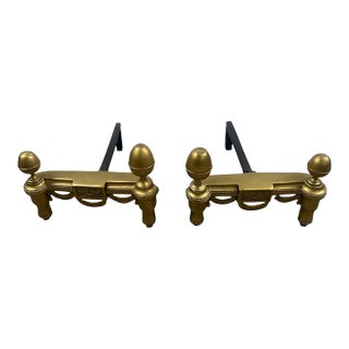Vintage French Louis XVI Brass Andirons With Acorn Finials & Swag Detail, a Pair For Sale