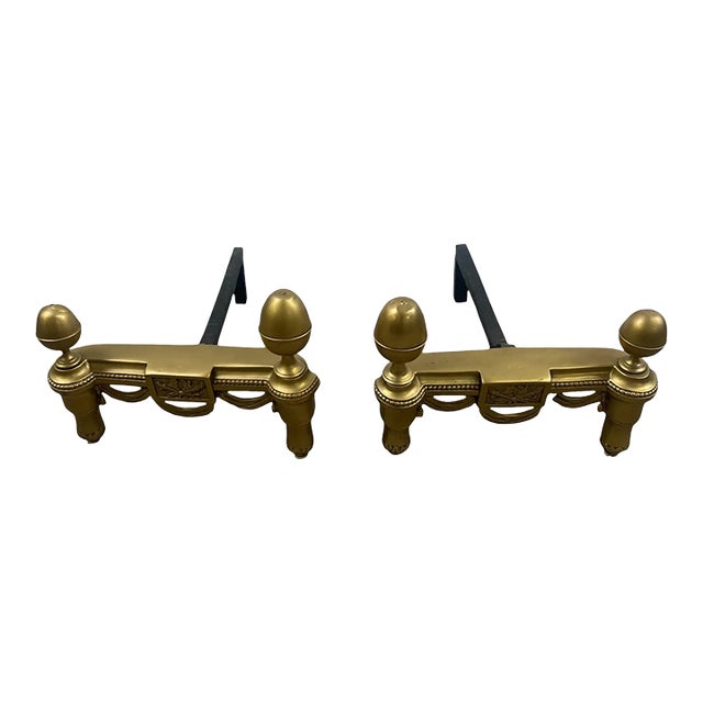 Vintage French Louis XVI Brass Andirons With Acorn Finials & Swag Detail, a Pair For Sale