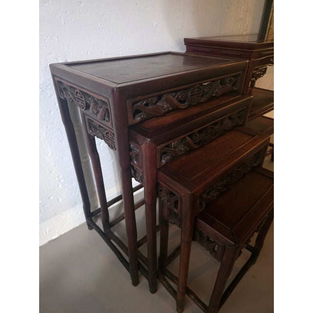 Set of 1930s Chinese Carved Hardwood Nesting Tables With Traditional Fretwork and Longevity Symbols For Sale - Image 4 of 9