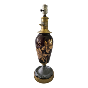 Vintage 1930s Czechoslovakia Bohemian Style Hand Painted Floral Cranberry Glass With Pewter Base Table Lamp
