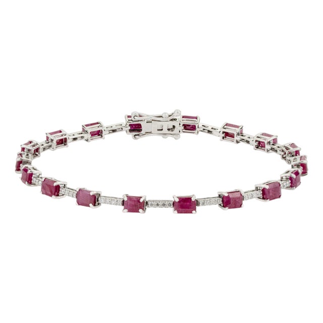 Modern 14k White Gold 5.95ct Natural Ruby & Diamond Tennis Bracelet 6.5 Inches For Sale