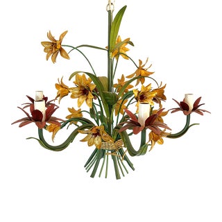 Vintage Itlaian Metal Tole Floral Motif Six Light Chandelier For Sale