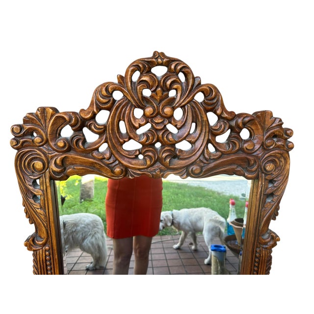 1970s Vintage French Rocco Style Hand Carved Wood Wall Mirror For Sale - Image 5 of 11