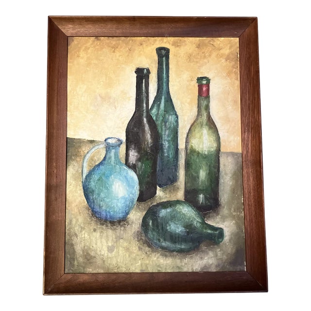 1950’s Original Rustic Impressionist Still Life Glass Bottles Painting For Sale