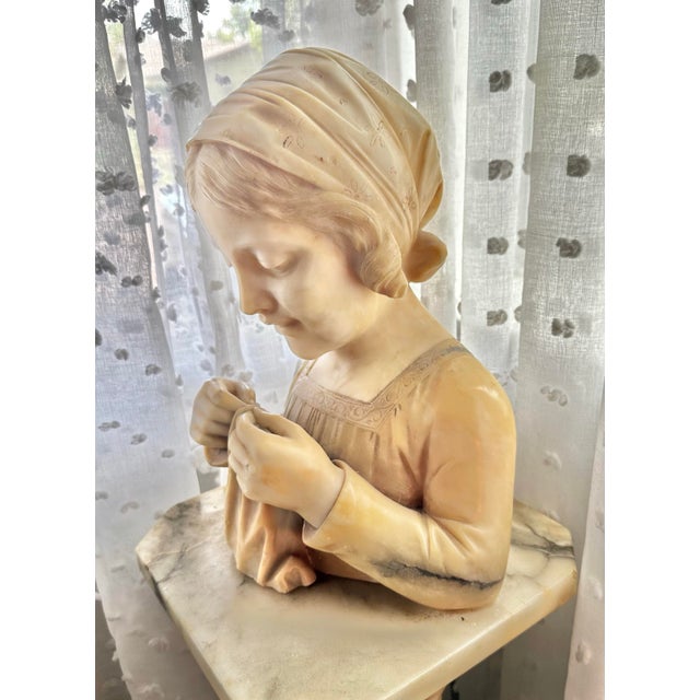 19th Century Italian Alabaster Bust of “The Sewing Girl” on Marble Pedestal, Neoclassical Sculpture For Sale - Image 11 of 12