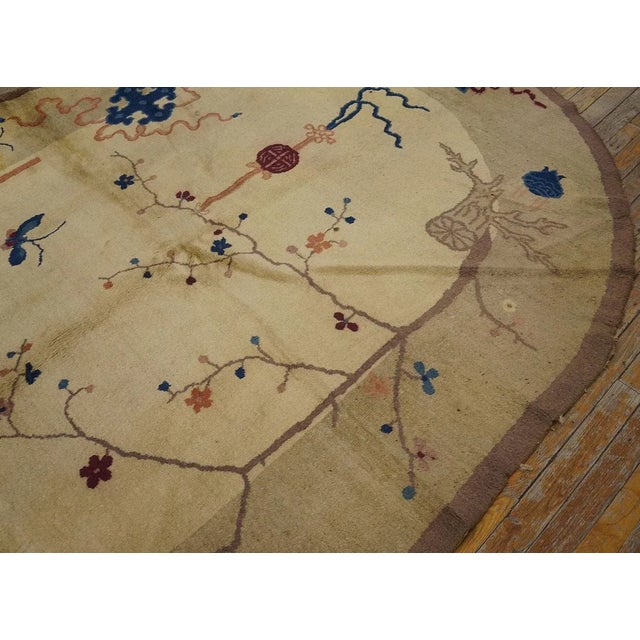 1920s Beige Floral Antique Chinese Oval Art Deco Carpet 6'2'' X 7'9'' Wool Knotted Rug For Sale In New York - Image 6 of 9