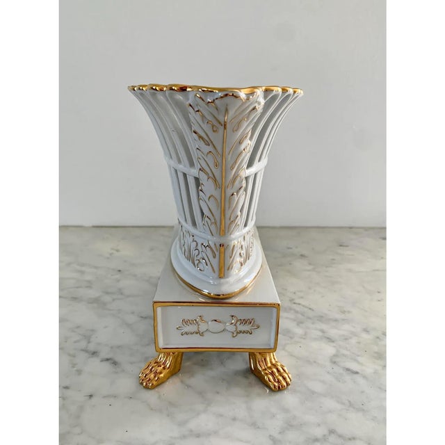 White Late 20th Century Pair of Reticulated Porcelain Baskets With Gilt Detail and Lion Paw Feet For Sale - Image 8 of 11