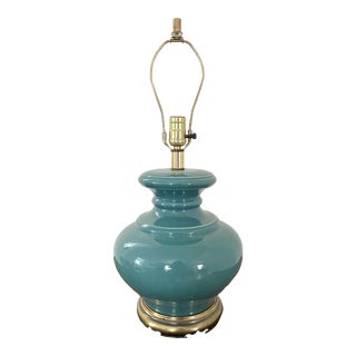 Vintage Teal Ceramic and Brass Lamp For Sale
