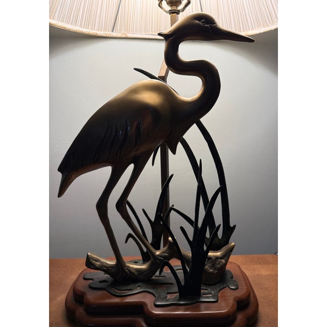 Frederick Cooper 1990s Wildwood Figurative Brass Standing Crane in the Reeds Table Lamp For Sale - Image 4 of 4