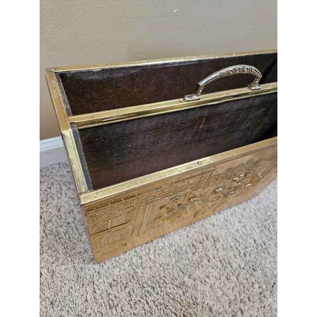 Brass Mid 20th Century Vintage Embossed Brass and Wood Magazine Holder Rack For Sale - Image 8 of 8