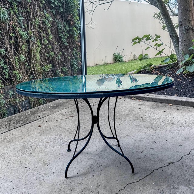 Russell Woodard 1970s Mid-Century Modern Woodard Style Black Wrought Iron Mesh and Glass Patio Dining Table For Sale - Image 4 of 6