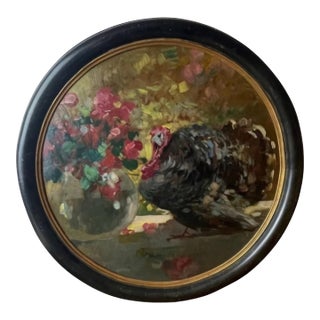 Still Life With Turkey and Flowering Plants, German School, Oil on Wooden Panel, Mid 19th Century. For Sale