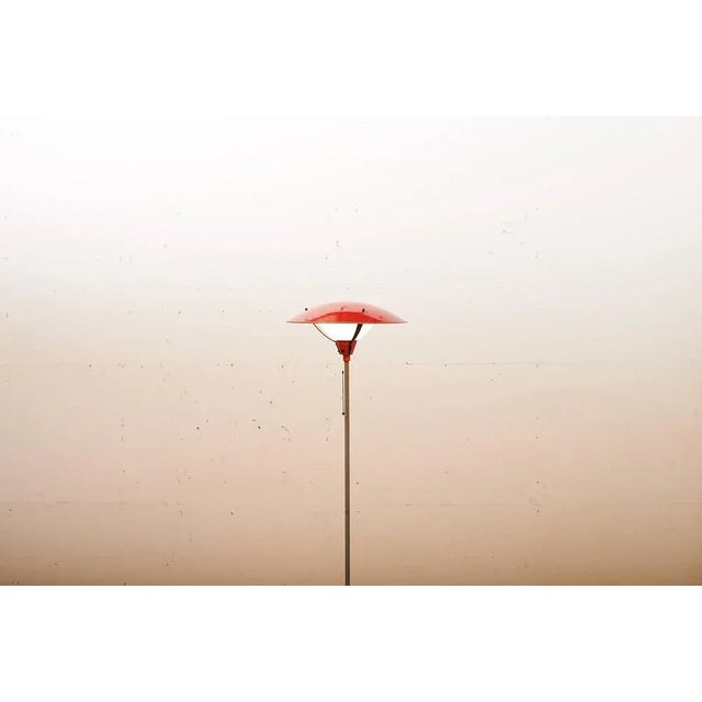 Gray Painted Tubular Steel Floor Lamp with Black Metal Base, Red Painted Metal Shade and Frosted Glass Diffuser For Sale - Image 3 of 10