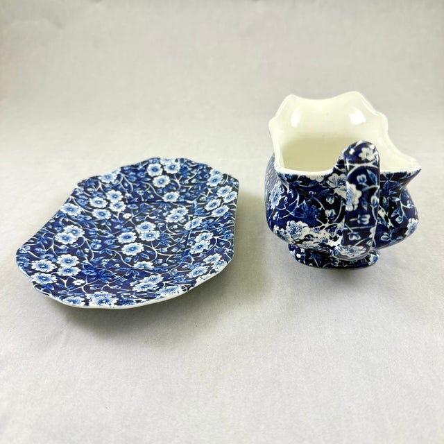 1940s Crownford China Blue Calico Gravy Boat & Underplate For Sale - Image 9 of 12