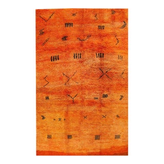 1940s Orange Abstract Tribal Antique African Moroccan Rug 7'3" X 11'3" Handknotted Wool Carpet For Sale