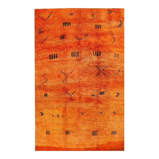 1940s Orange Abstract Tribal Antique African Moroccan Rug 7'3" X 11'3" Handknotted Wool Carpet For Sale