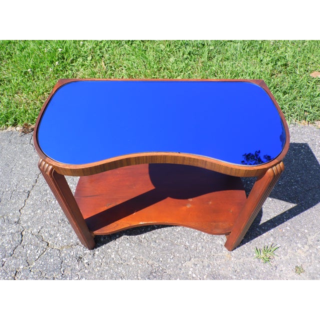 Vintage Art Deco Cobalt Blue Mirror Glass Side Table Walnut End Table
