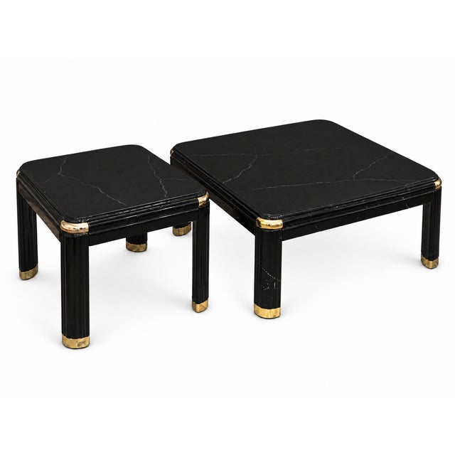 Vintage Postmodern Black Marble-Look Coffee and Side Tables With Brass Accents — Set of 2 For Sale In Las Vegas - Image 6 of 12