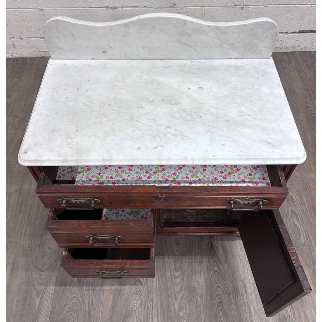 Antique Victorian Eastlake Walnut Marble Top Knapp Joint Washstand For Sale - Image 14 of 15