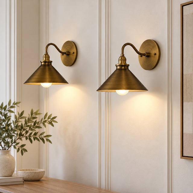 Metal Antique Brass Cone Wall Sconces With Wide Metal Shades and Curved Arms - Pair For Sale - Image 7 of 12