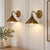 Metal Antique Brass Cone Wall Sconces With Wide Metal Shades and Curved Arms - Pair For Sale - Image 7 of 12