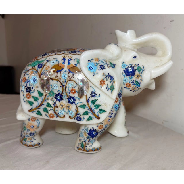 Large Vintage Inlaid White Marble Marquetry Stone Elephant Statue Sculpture 17Lbs For Sale - Image 12 of 17