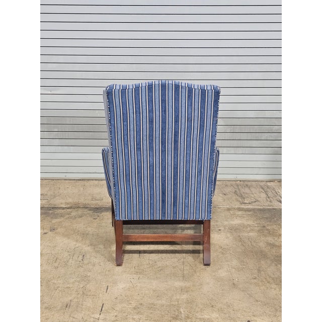 Wood Late 20th Century Stickley Mahogany Williamsburg Mahogany Wingback Chair Schumacher Fabric For Sale - Image 7 of 11