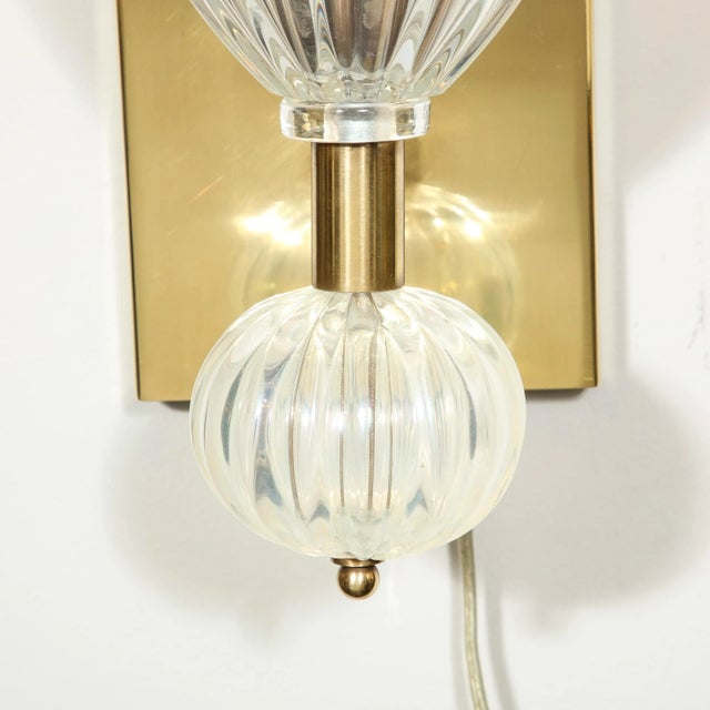 Modern Contemporary Modernist Brass & Handblown Iridescent Murano Glass Sconces With Orbital Drop - a Pair For Sale - Image 3 of 13