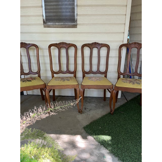 Vintage Solid Oak French Provincial Style Needlepoint Chairs - Set of 4 For Sale - Image 4 of 4