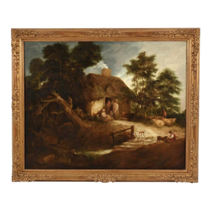 “Evening at the Cottage” Very Large Oil on Canvas Attributed to George Morland