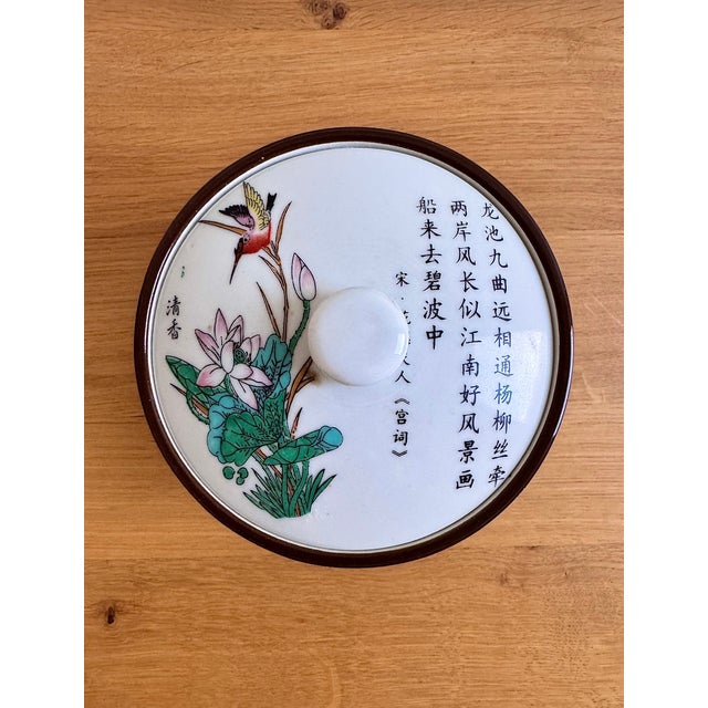 Chinese Vintage Chinese Porcelain Container — Hand-Painted Birds & Calligraphy For Sale - Image 3 of 3