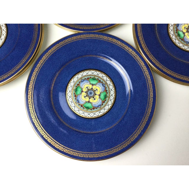 Mid 20th Century Wedgwood Floral Blue Greek Key Charger Plates- Set of 12 For Sale In New York - Image 6 of 7