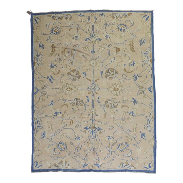 Royal Blue Beige Vintage Turkish Room Size Rug - 8'1" x 10'9" For Sale