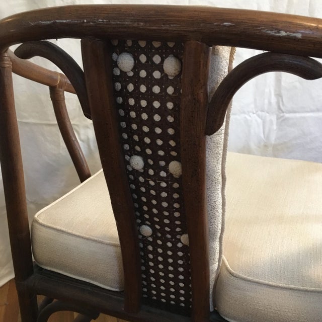 Wood Rattan and Cane Yoke Back Arm Chair With Cushions For Sale - Image 4 of 11