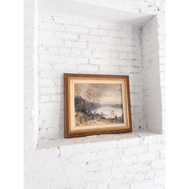Mid-century landscape painting, hand carried from Sweden. Moody oil scene with a beautiful hand made pine wood frame....