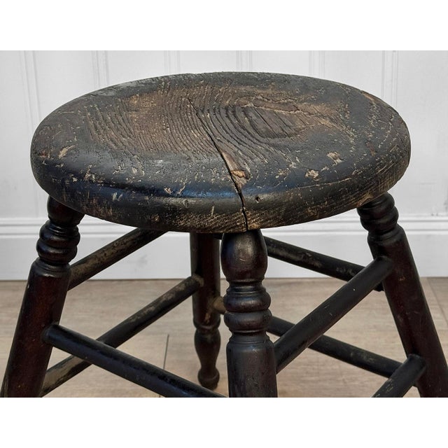 Wood Antique Primitive Farmhouse Black Wood Round Milking Stool For Sale - Image 7 of 9