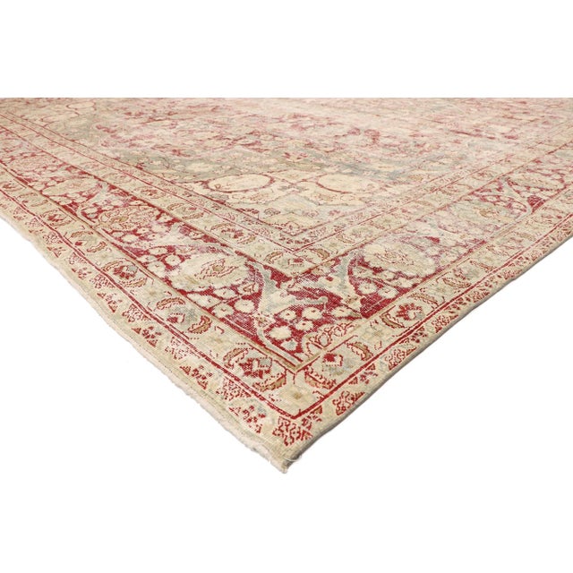 77076 Distressed Antique Persian Tabriz Rug with Rustic English Chintz Style 11'11 x 14'09. Balancing a timeless floral...