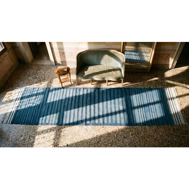 1930s Blue Stripe Antique Indian Cotton Dhurrie Rug 8'2'' X 40'2" Flatweave Carpet For Sale - Image 16 of 16