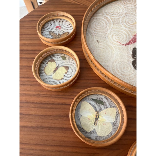 Light Yellow 1960s Mid-Century Modern Bamboo Pressed Butterfly Cocktail Tray and Coaster Set - 7 Pieces For Sale - Image 8 of 9