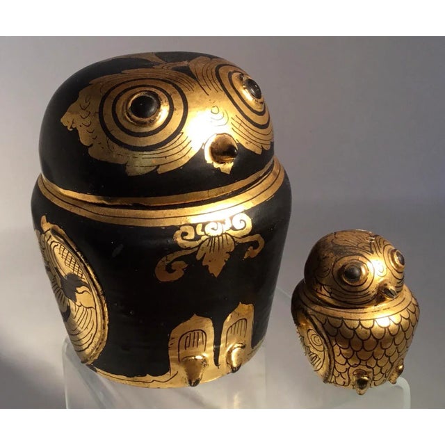 Folk Art Vintage Burmese Laquer Owl Boxes - a Pair For Sale - Image 3 of 13