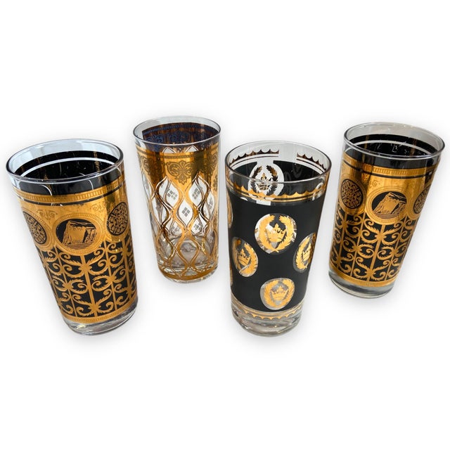 Black Morphew Abode Mid Century Black & Gold Art Deco Fred Press Hollywood Regency Printed Glasses- Set of 4 For Sale - Image 8 of 11